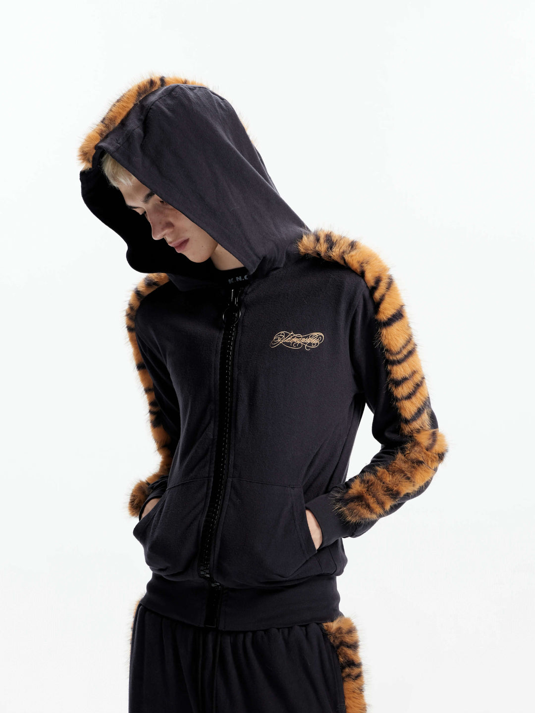 KARMANISTIC Tiger and Leopard Faux Fur Stripe Zip Up Hoodie | Face 3 Face