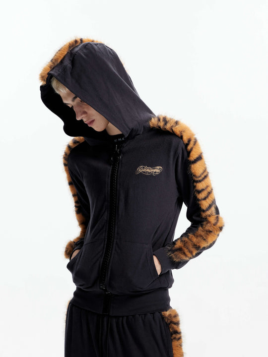 KARMANISTIC Tiger and Leopard Faux Fur Stripe Zip Up Hoodie | Face 3 Face