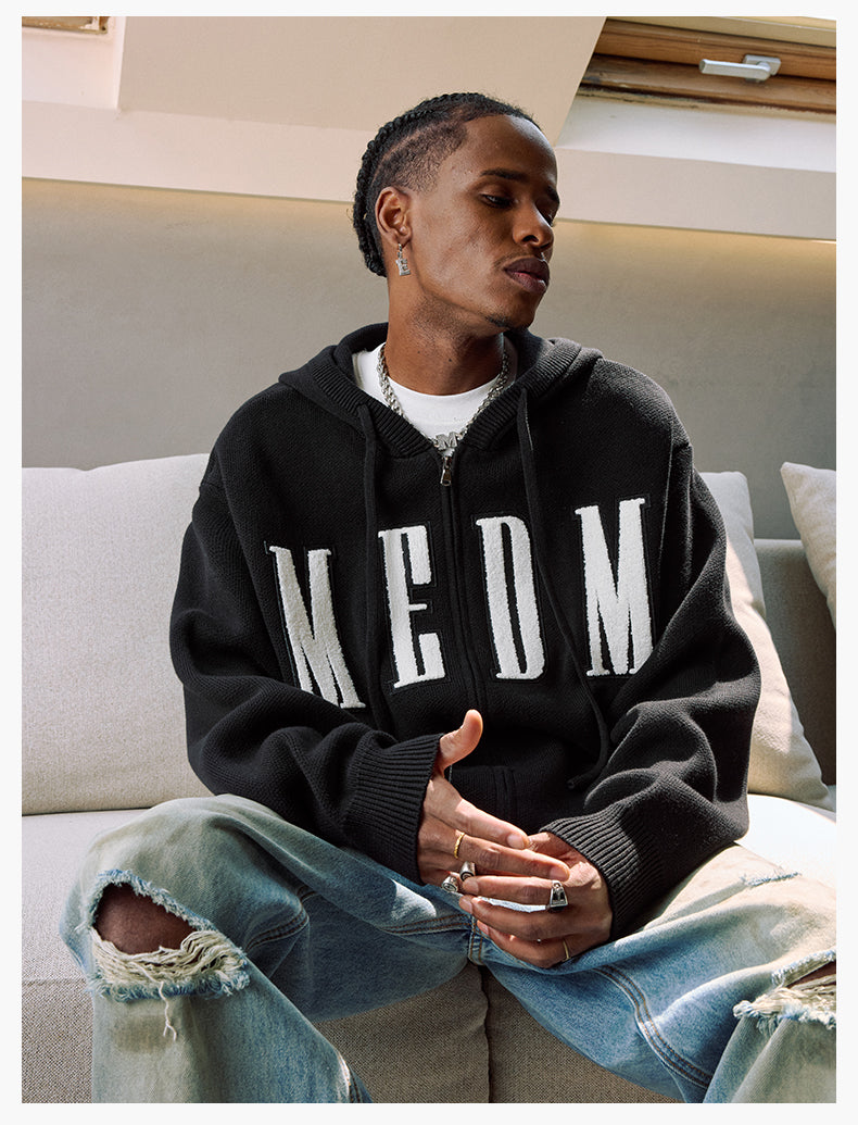 MEDM Basic Embroidered Logo Zip Up Knit Hoodie | Face 3 Face