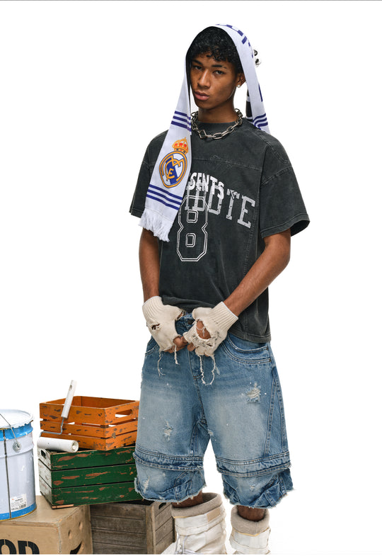 ANTIDOTE Destroyed Double-Layer Washed Denim Shorts | Face 3 Face