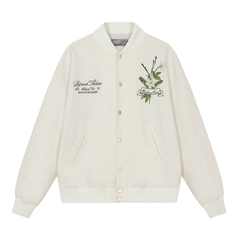 Harsh and Cruel Floral Script Embroidery Varsity Jacket | Face 3 Face