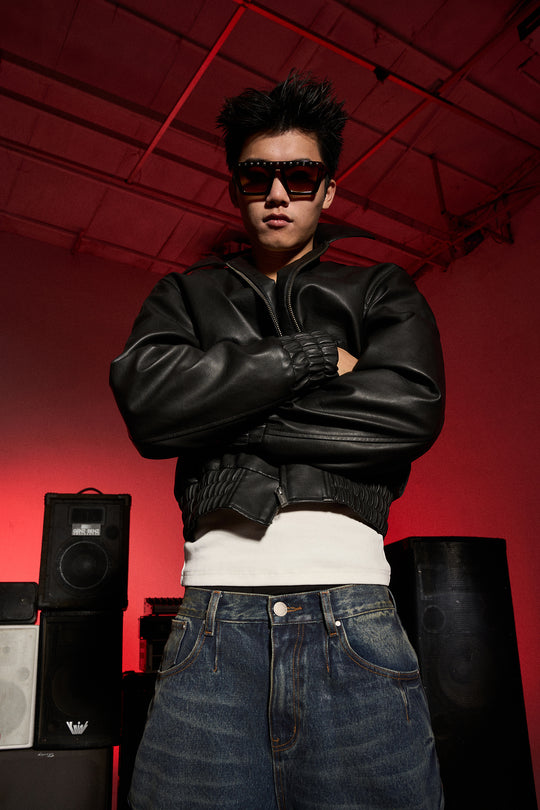 KARMANISTIC Graphic Embroidered Leather Short Bomber Jacket | Face 3 Face