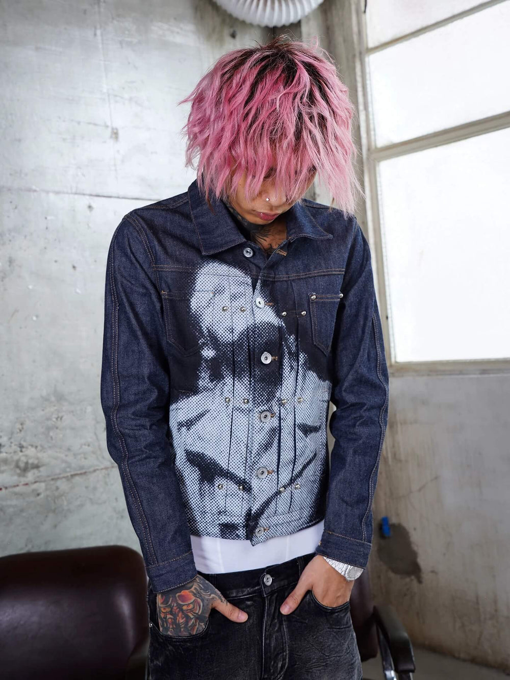 TGFCLUB Portrait Graphic Studded Slim Fit Denim Jacket | Face 3 Face