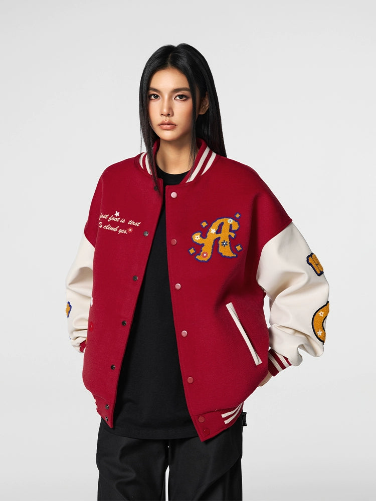 Achock Logo Embroidery Red Varsity Jacket | Face 3 Face