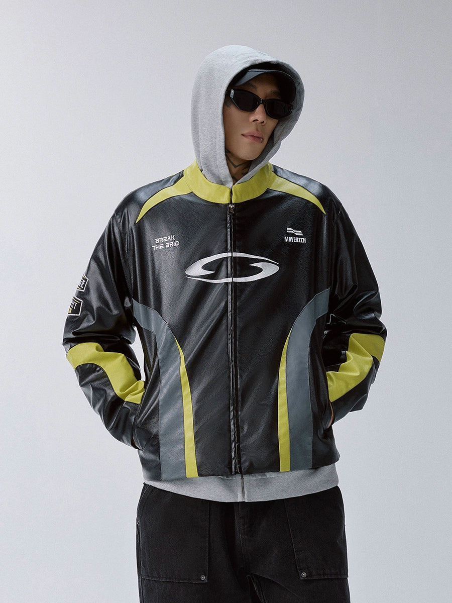 F2CE Color Block PU Leather Racing Jacket | Face 3 Face