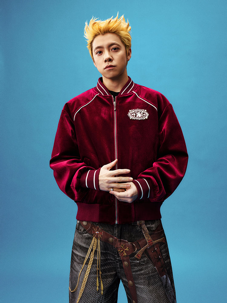 YADcrew Red Velvet Pearl-Embroidered Bomber Jacket | Face 3 Face