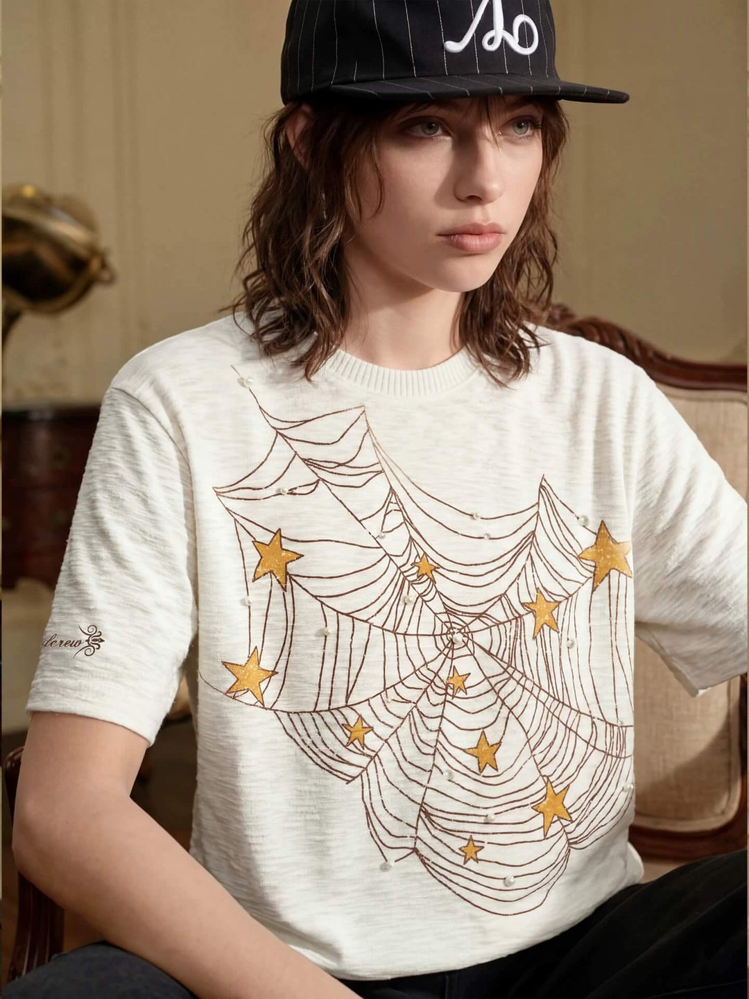 YADcrew Pearl Studded Star Spider Web Print Tee | Face 3 Face