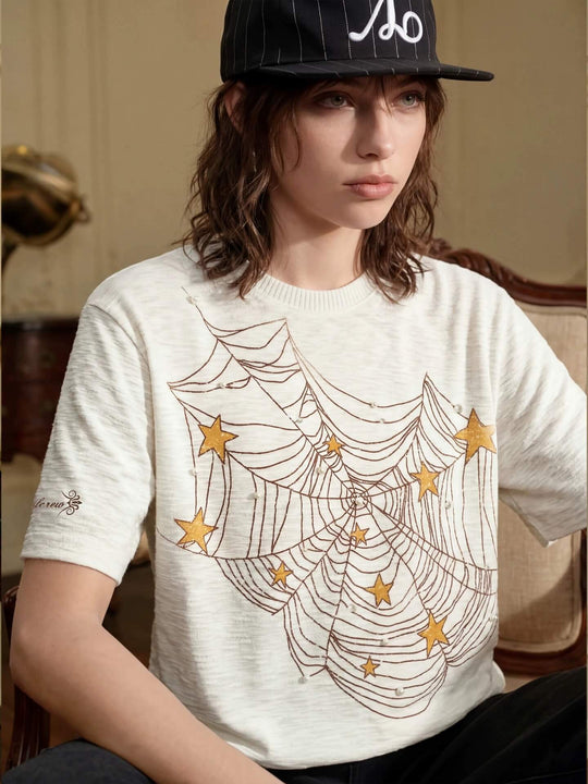YADcrew Pearl Studded Star Spider Web Print Tee | Face 3 Face
