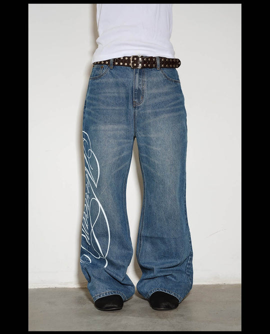 NOVACAM Vintage Washed Letter Print Flared Jeans | Face 3 Face