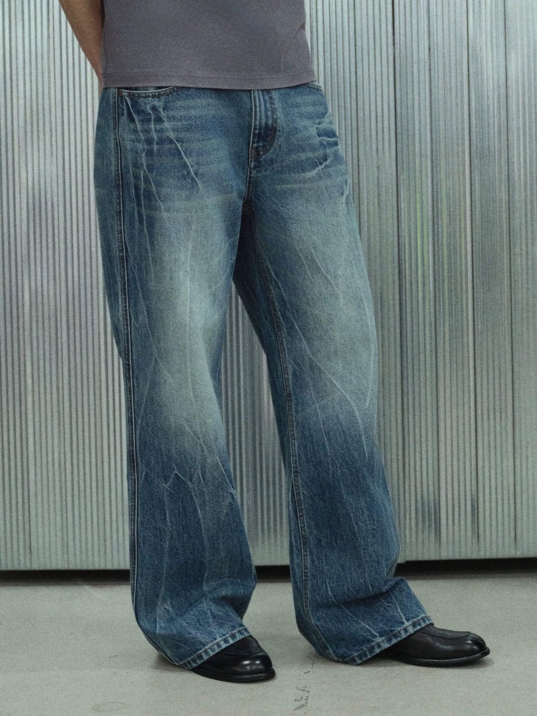 S45 Lightning Crack Wash Distressed Slight Flare Jeans | Face 3 Face