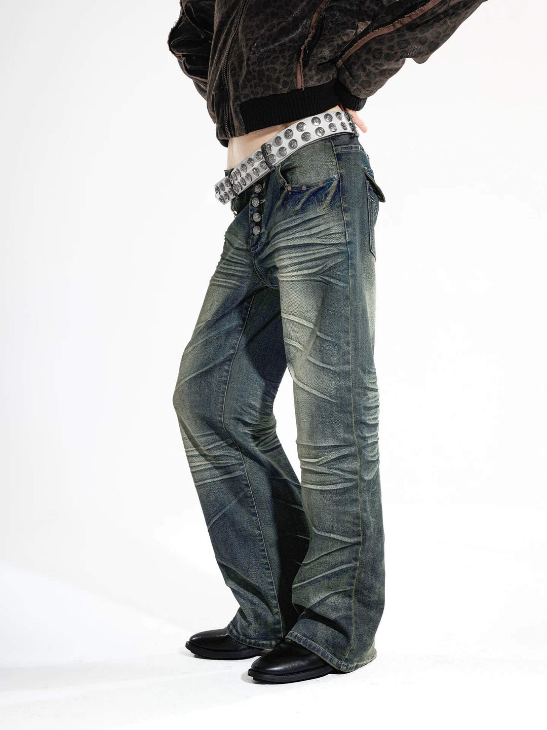Night Lab Studded Button Fly Whisker Washed Jeans | Face 3 Face