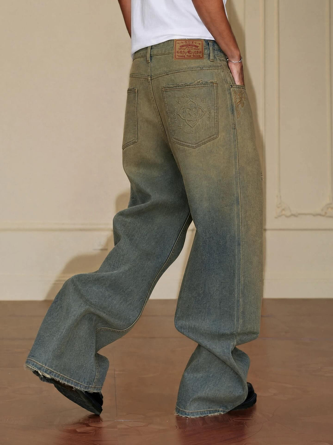 YADcrew Baroque Embroidered Distressed Wash Slight Flare Jeans | Face 3 Face