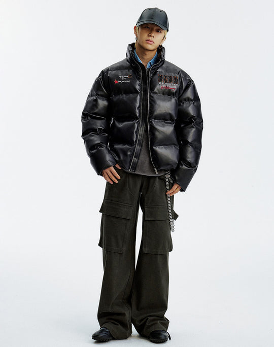 MEDM Leopard Patch PU Leather Puffer Jacket | Face 3 Face