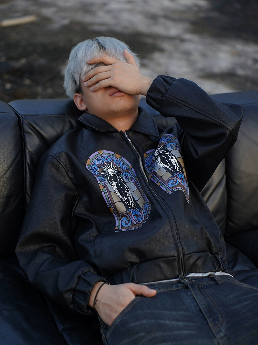 TGFCLUB Embroidered Printed PU Leather Jacket | Face 3 Face