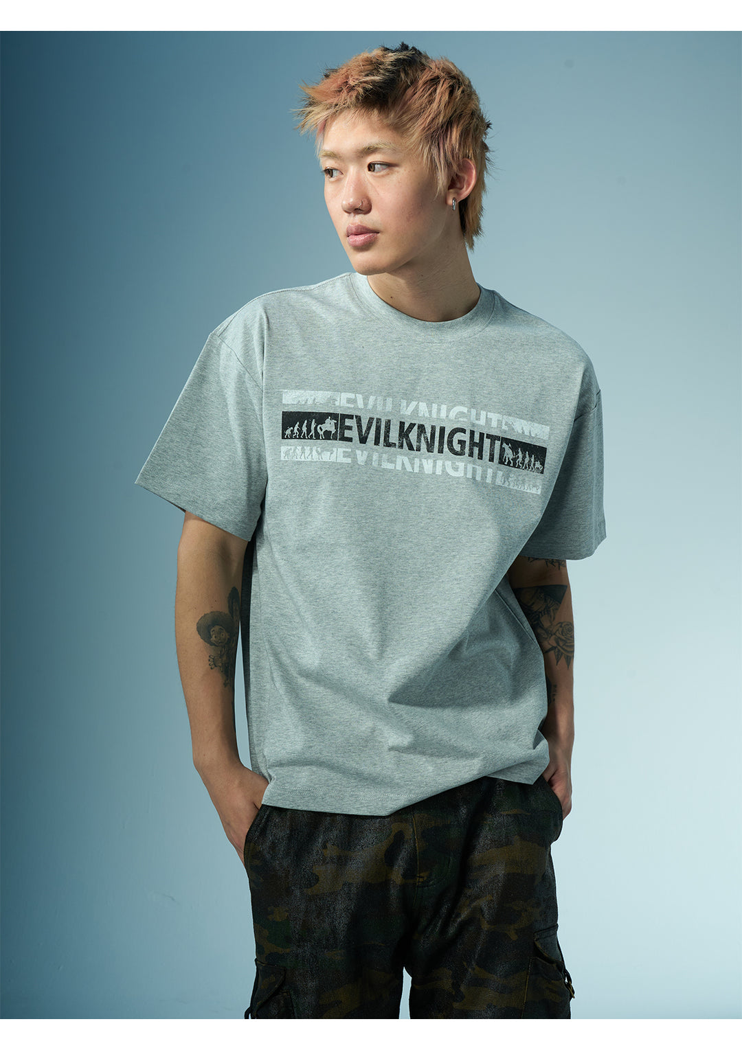 EVILKNIGHT(EK) Devil's Evolution Letter Distressed Print Tee | Face 3 Face
