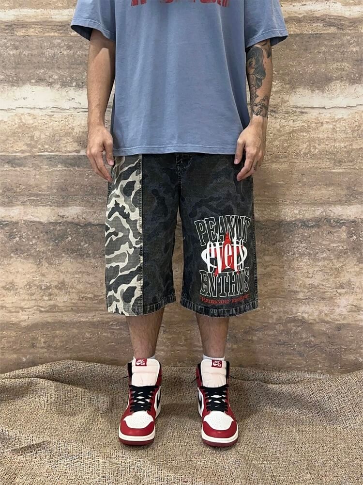 EVETS Washed Faded Camouflage Patchwork Shorts | Face 3 Face