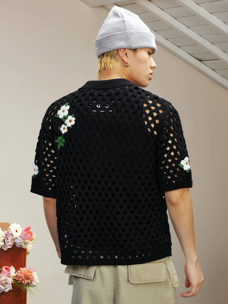 MEDM Flower Embroidery Open Knit Short Sleeve Shirt | Face 3 Face