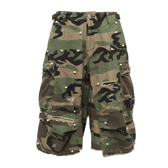 STEEPC M-65 Pearl Embellished Camouflage Baggy Cargo Shorts | Face 3 Face