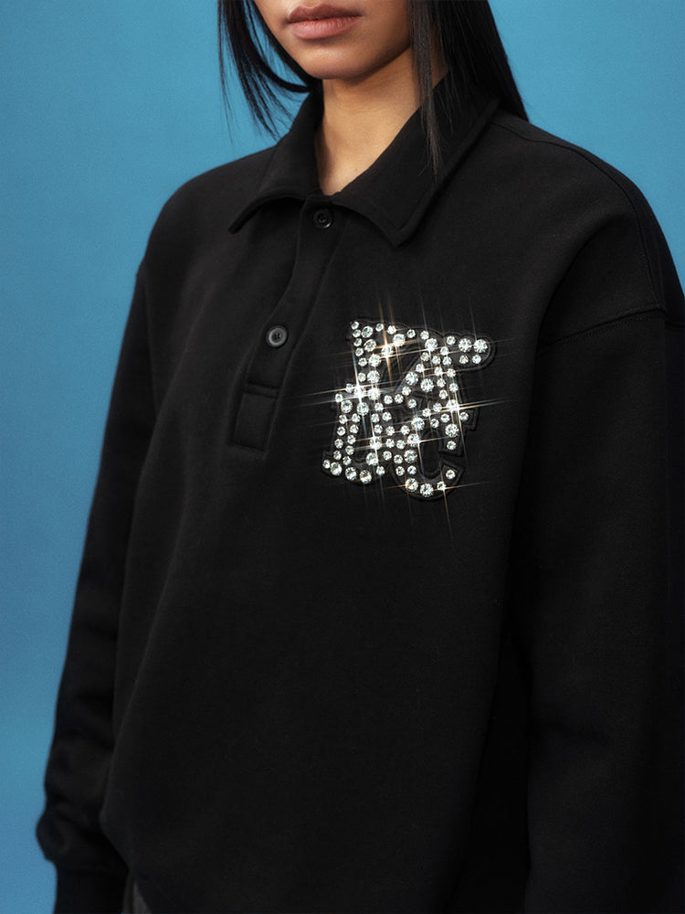 YADcrew Diamond-Studded Leather Logo Polo Sweatshirt | Face 3 Face
