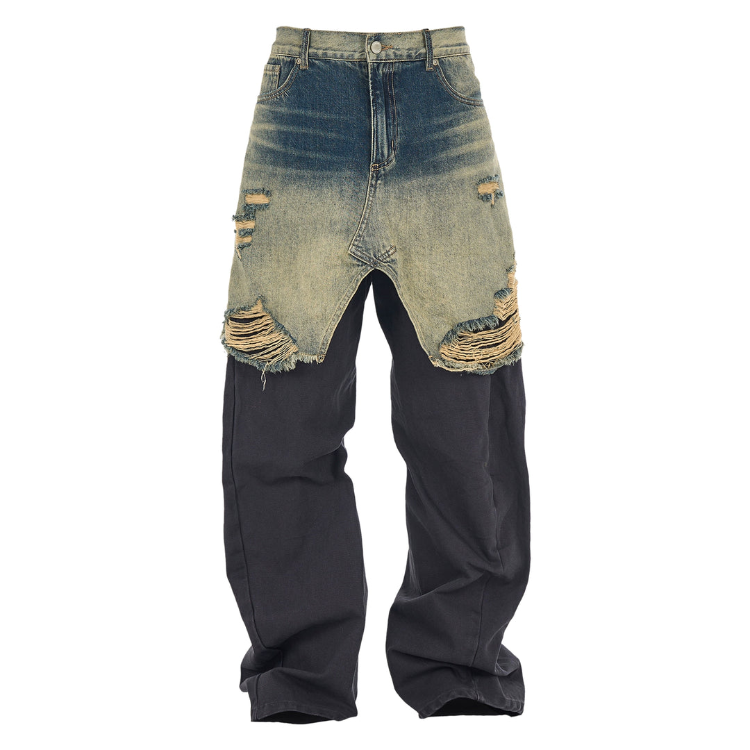 STEEPC Layered Design Washed Distressed Baggy Jeans | Face 3 Face