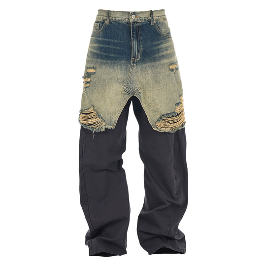 STEEPC Layered Design Washed Distressed Baggy Jeans | Face 3 Face