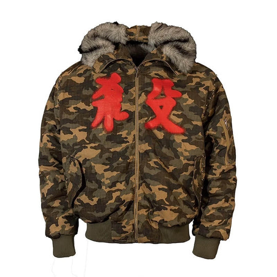 TGFCLUB Washed Camo Studded Faux Fur Hooded Jacket | Face 3 Face