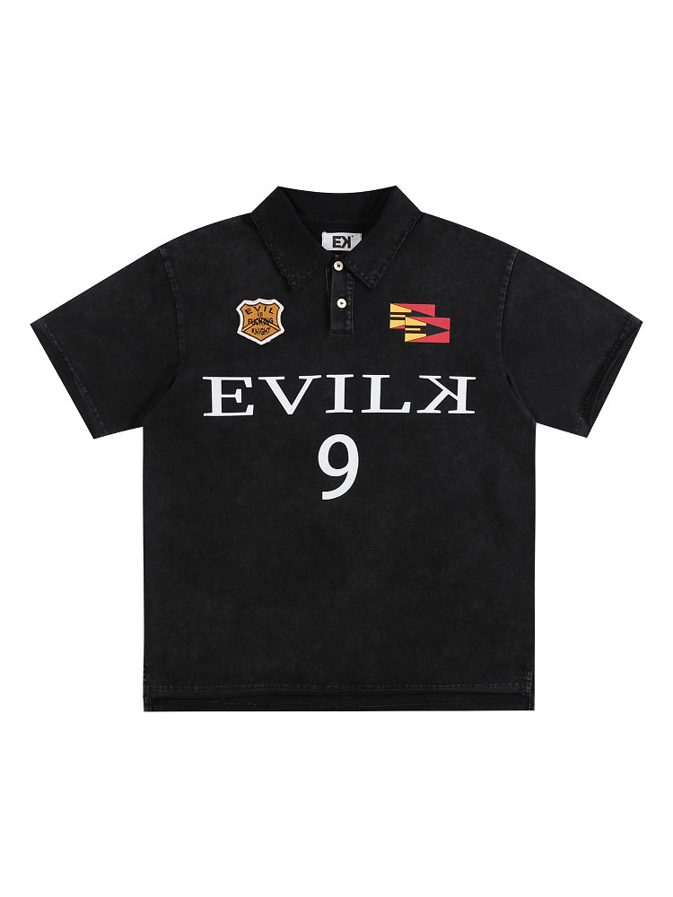 EVILKNIGHT(EK) Embroidered and Logo Printed Washed Polo | Face 3 Face