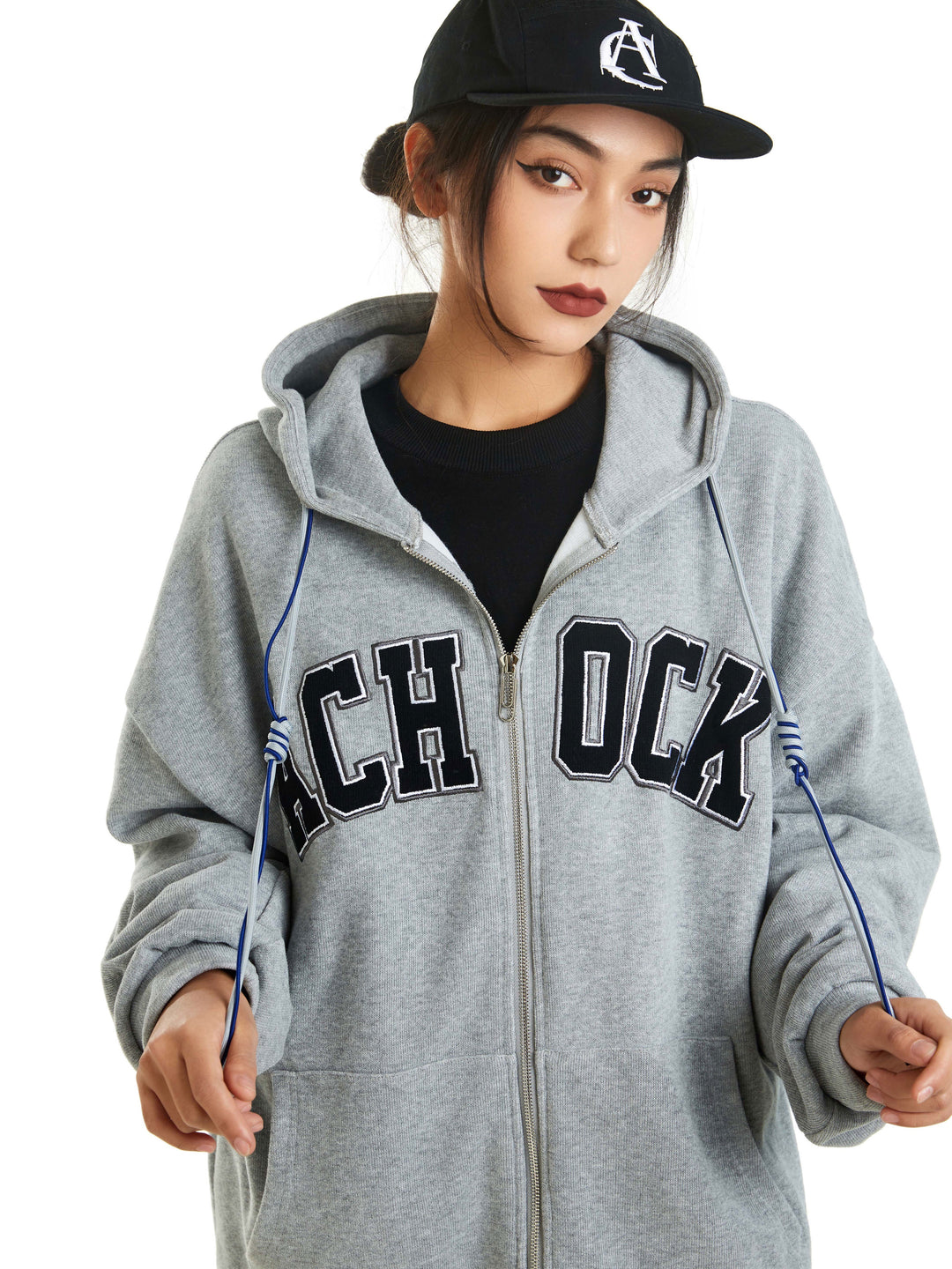 Achock Zipper Drawstring Letter Embroidered Hoodie