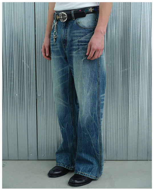 S45 Lightning Crack Wash Distressed Slight Flare Jeans | Face 3 Face