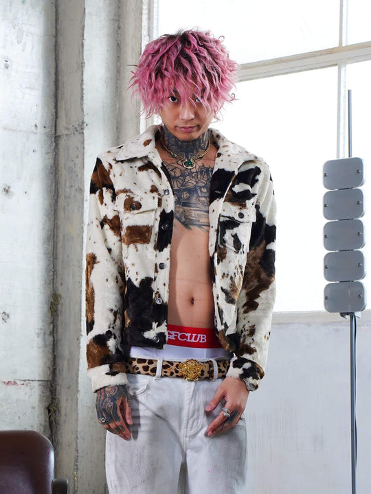 TGFCLUB Cow Print Faux Fur Leather Slim Fit Jacket | Face 3 Face