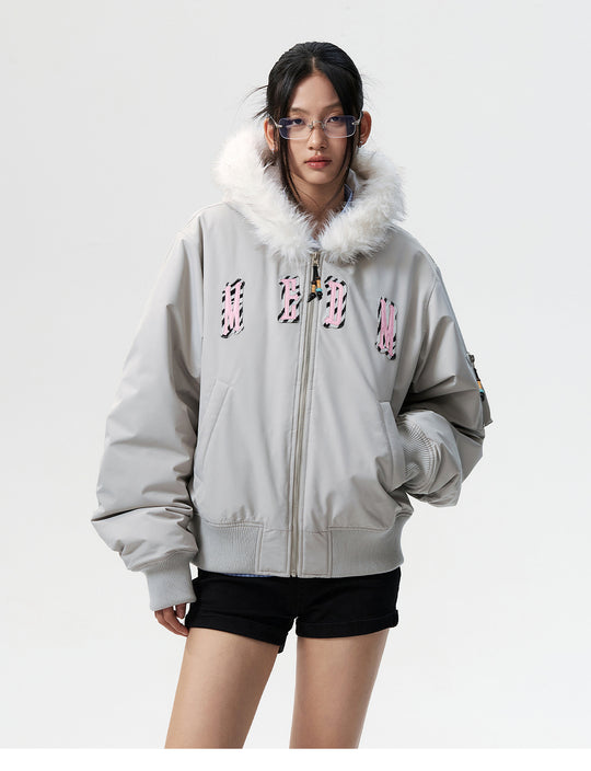 MEDM Animal Logo Patch Fur Hooded Bomber Jacket | Face 3 Face