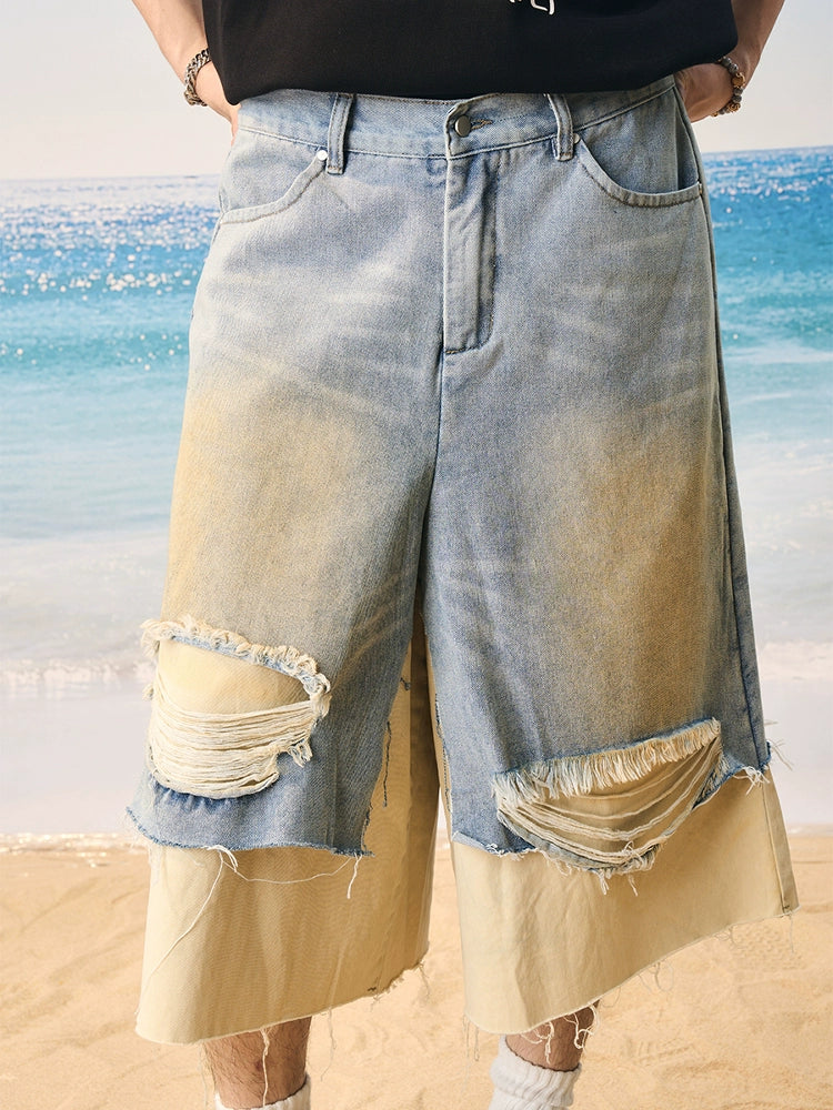 Harsh and Cruel Distressed Wash Layered Denim Shorts | Face 3 Face
