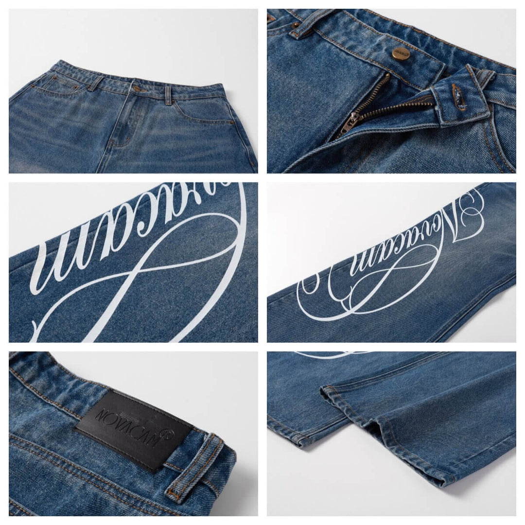 NOVACAM Vintage Washed Letter Print Flared Jeans | Face 3 Face