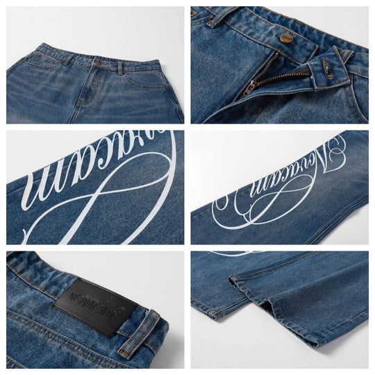 NOVACAM Vintage Washed Letter Print Flared Jeans | Face 3 Face