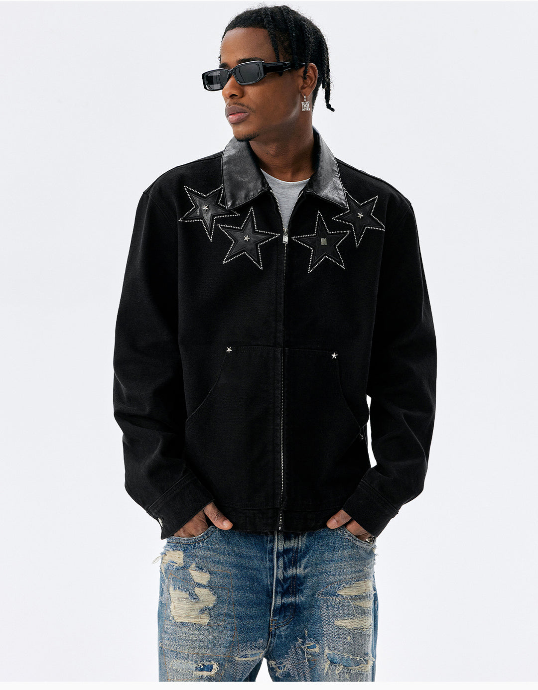 MEDM Star Studded Leather Patch Detroit Jacket | Face 3 Face