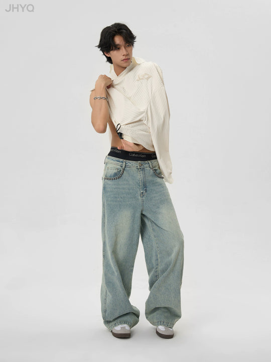 JHYQ Beaded Pockets Washed Old Light Colored Baggy Jeans