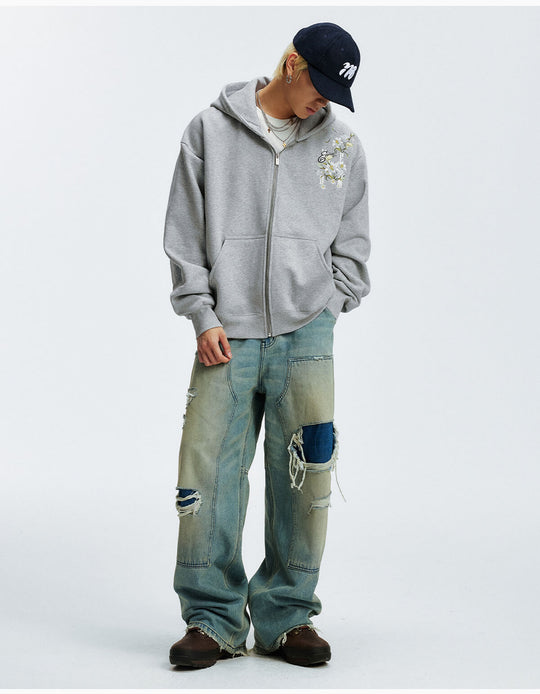 MEDM Rose Embroidered Zip Up Hoodie | Face 3 Face