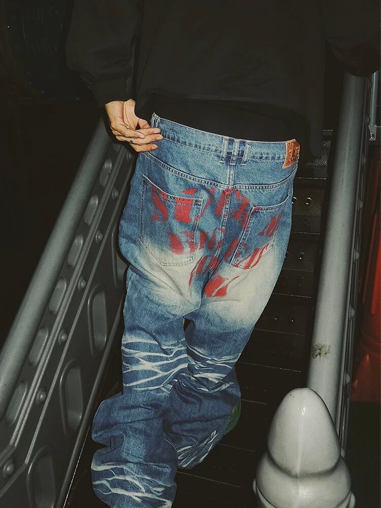 EVETS Dirty Wash Print Baggy Jeans | Face 3 Face