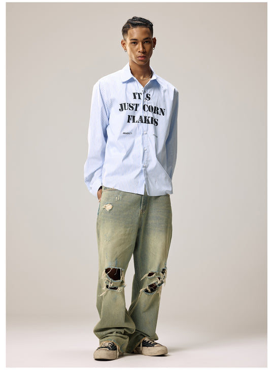 Remedy Letter Print Striped Long Sleeve Shirt | Face 3 Face