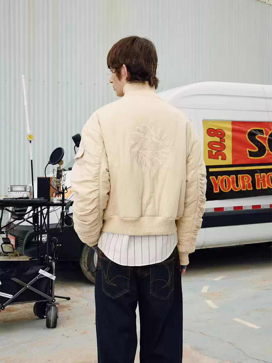 SOD Co. Beige Pilling Custom Pleated MA-1 Bomber Jacket | Face 3 Face