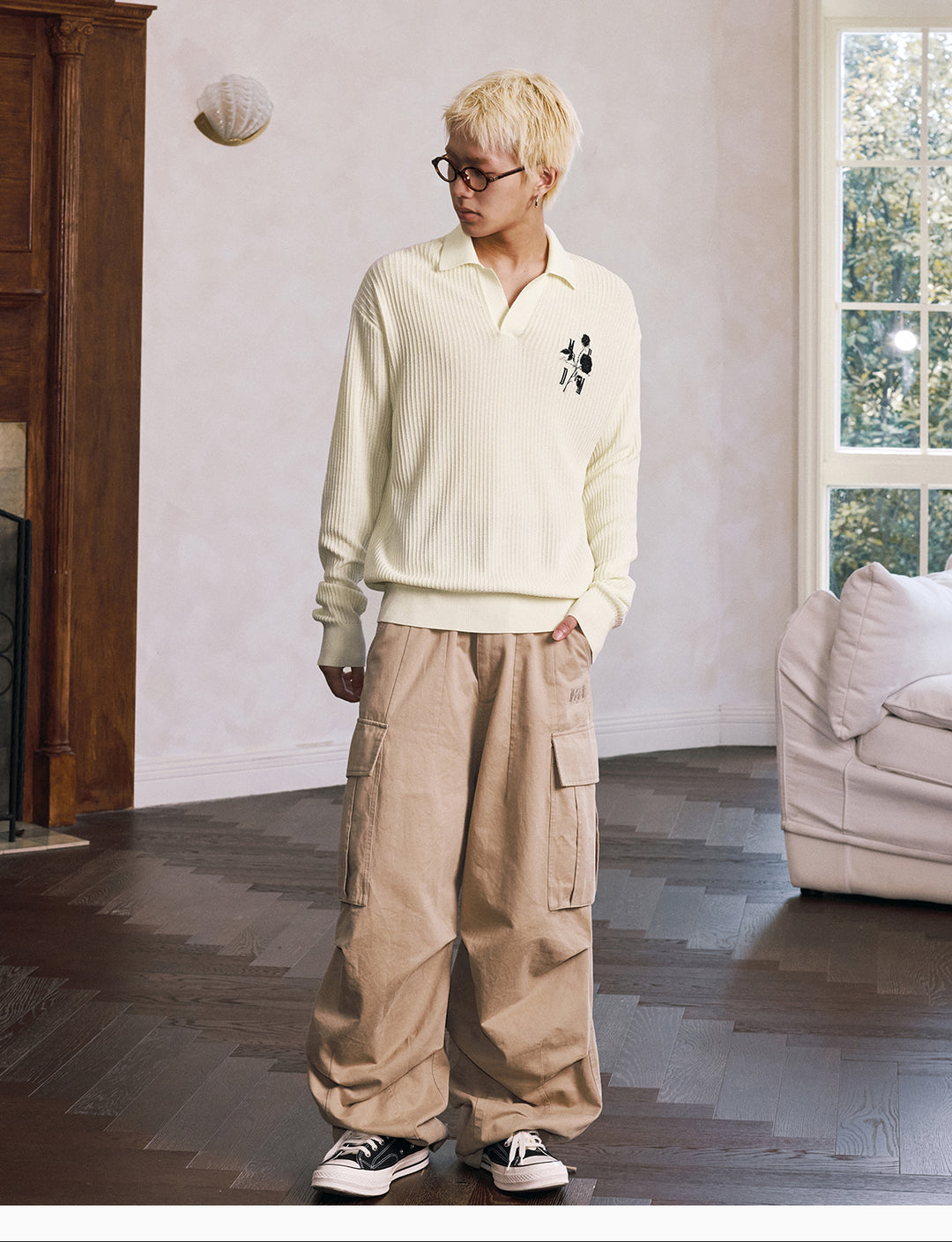 MEDM Rose Embroidered Textured Stripe Knit Long Sleeve Polo | Face 3 Face