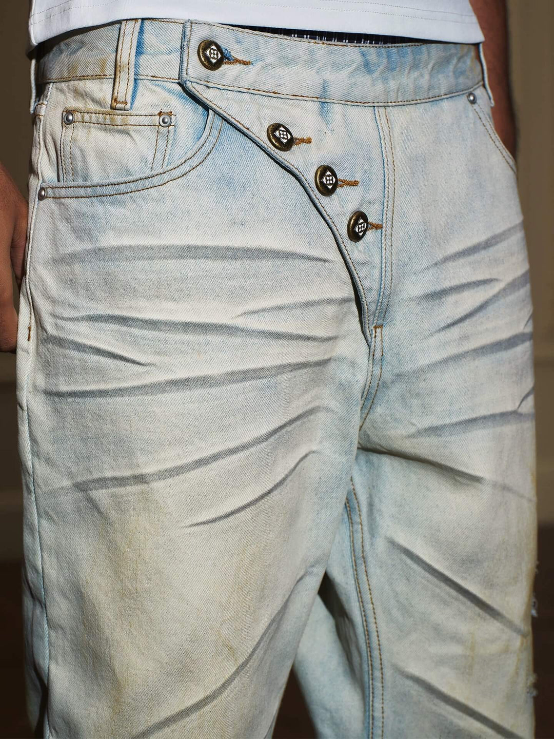 YADcrew Heavy Wash Distressed Cross Motif Button Jeans | Face 3 Face