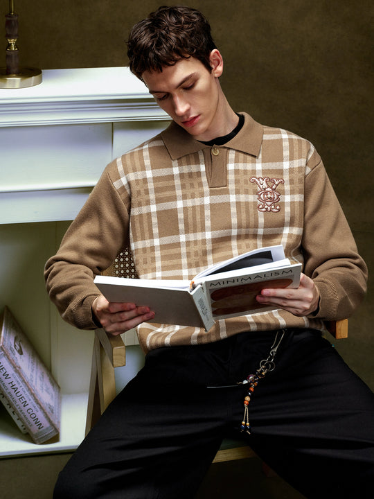 YADcrew Pearl Logo Embroidery Plaid Polo Knit Sweater | Face 3 Face