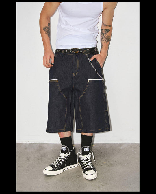 NOVACAM White Accent Line Double Knee Baggy Denim Shorts | Face 3 Face