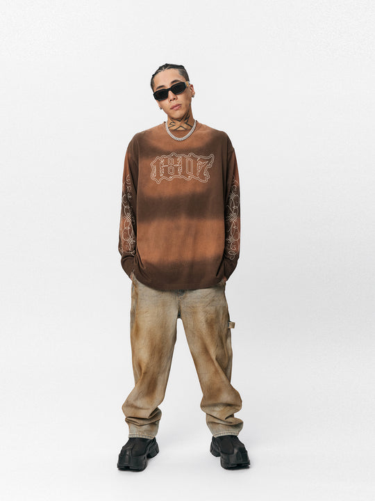 1807 Floral Font Printed Distressed Long Sleeve Tee  | Face 3 Face