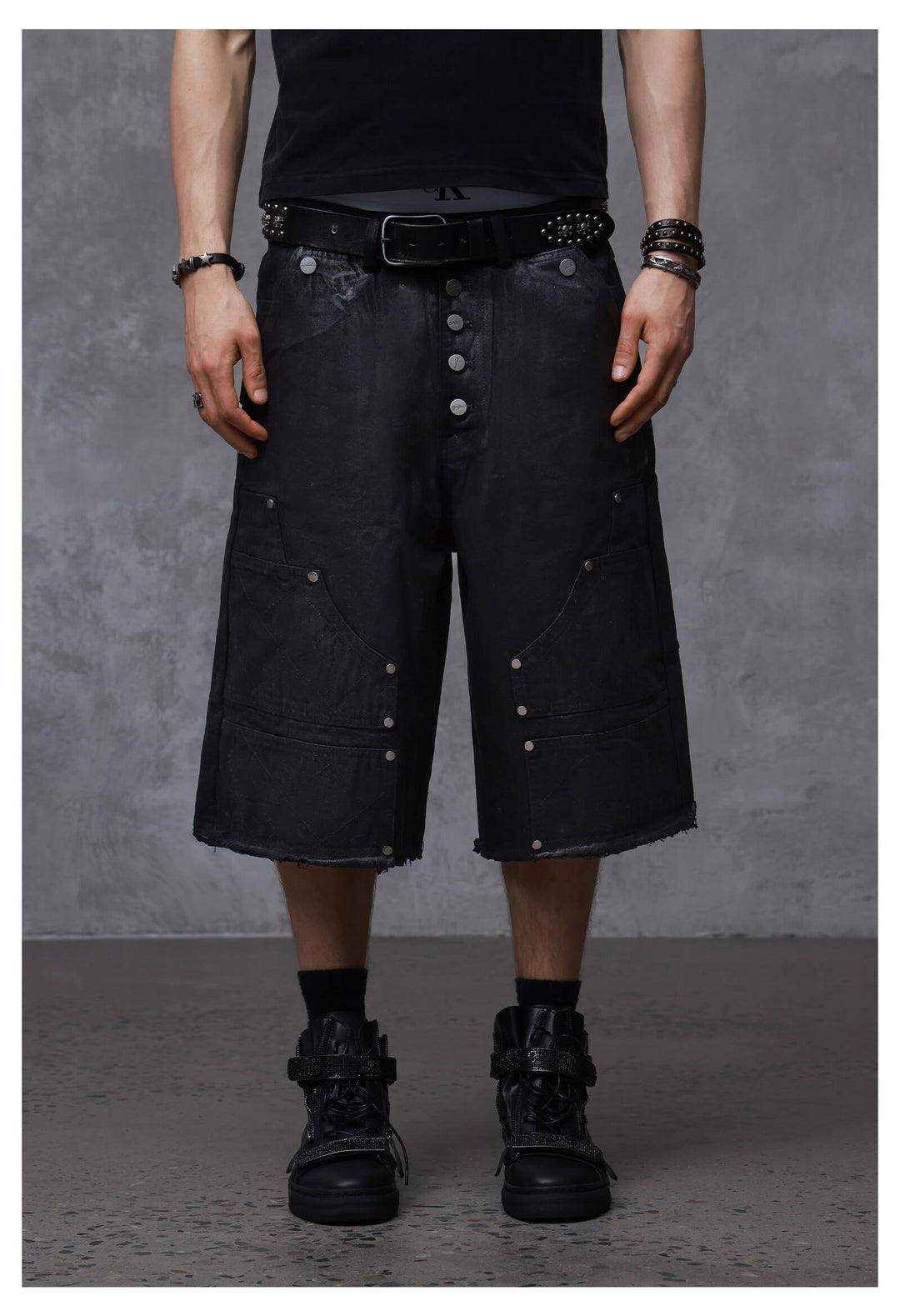 ANTIDOTE Brushed Waxed Studded Double Knee Cutoff Baggy Shorts | Face 3 Face