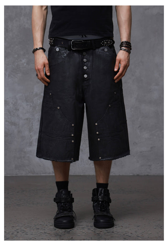 ANTIDOTE Brushed Waxed Studded Double Knee Cutoff Baggy Shorts | Face 3 Face