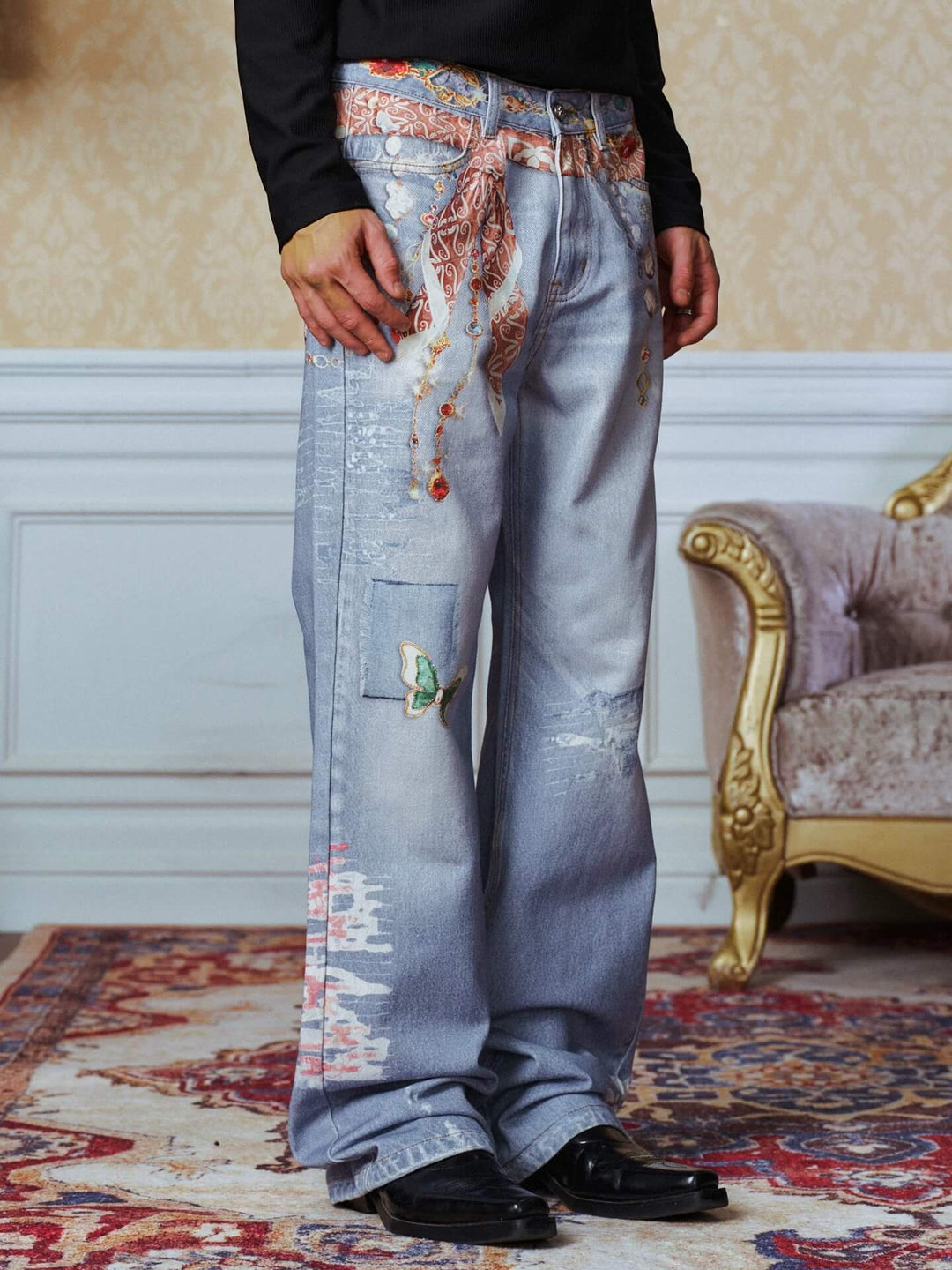 YADcrew Bandana Jewelry Digital Print Flared Jeans | Face 3 Face