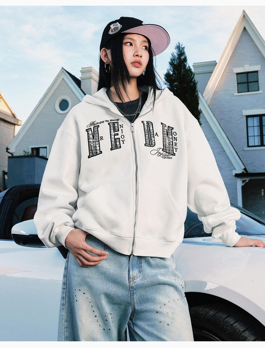 MEDM Pearl Logo Embellished Zip Up Hoodie | Face 3 Face