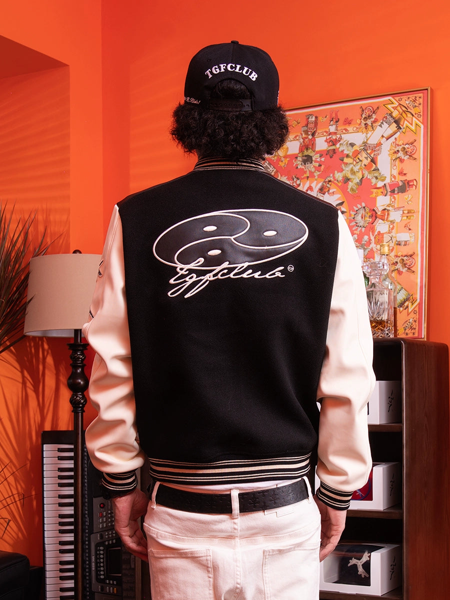 TGFCLUB Embroidery Patchwork PU Leather Varsity Jacket | Face 3 Face